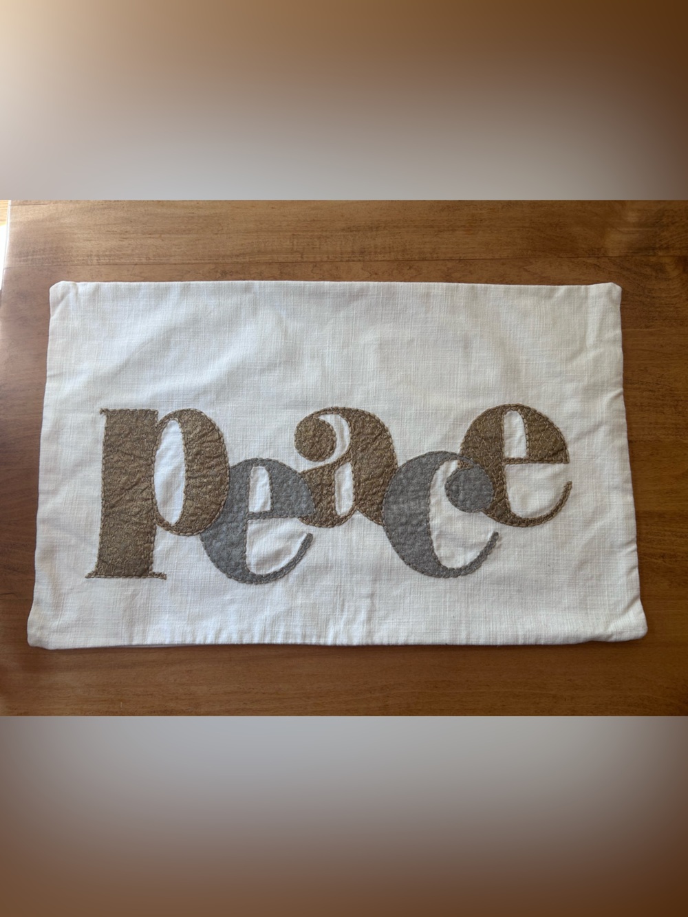 Pottery Barn Gold & Silver “Peace” Off-White Lumbar Pillow w/Zipper Closure